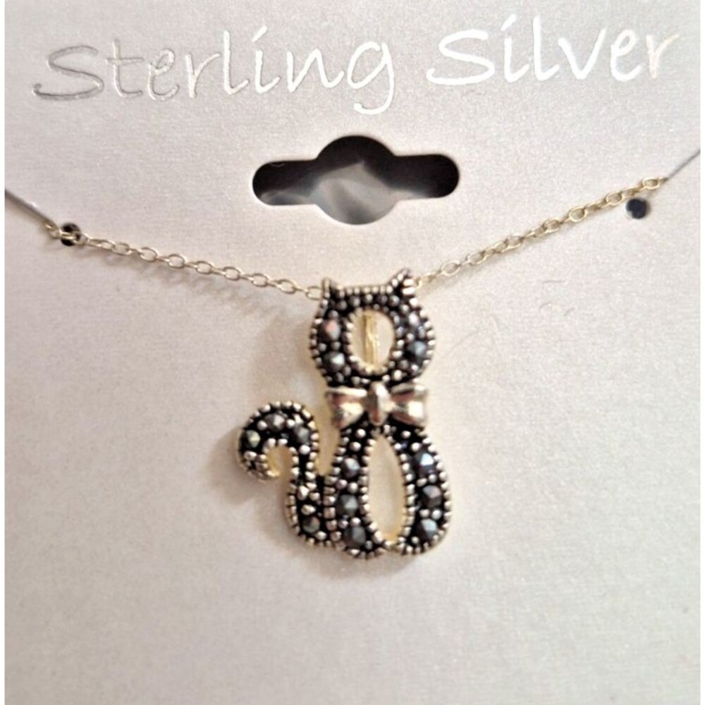 NWT Sterling Silver 925 Marcasite Cat with Bow Tie Pendant Necklace $99 NOS